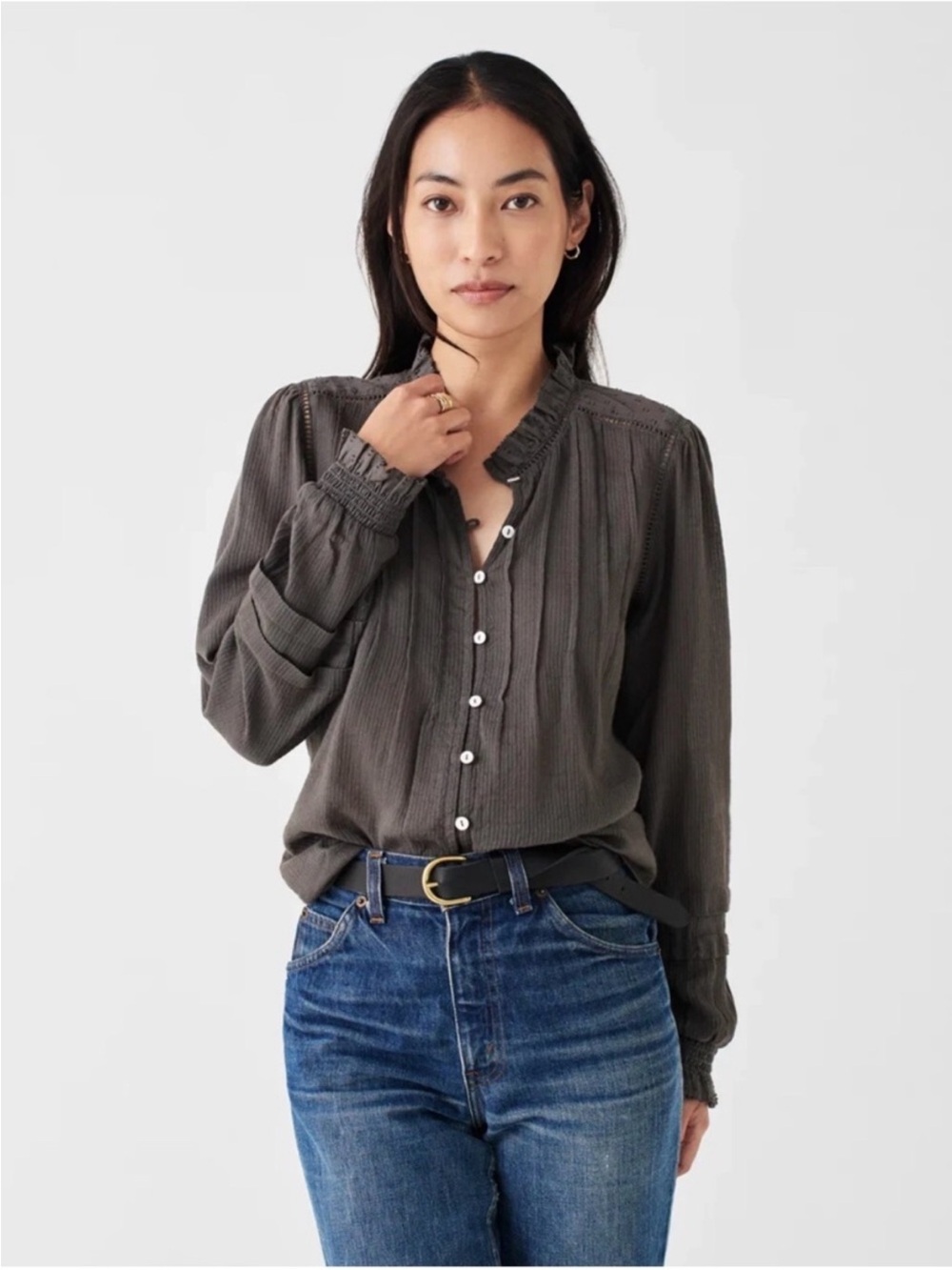 Faherty Willa Peasant Blouse Faded Grey Organic Cotton Ruffle Pintuck Top M
